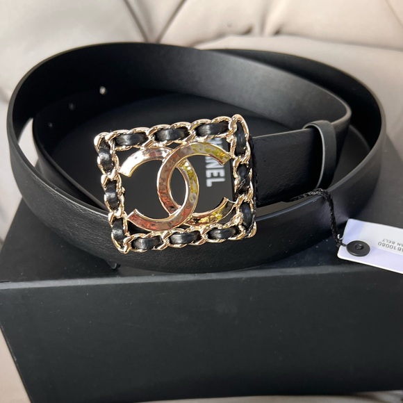 CHANEL Accessories - CHANEL NEW BLACK LEATHER BELT WITH GOLD AND BLACK SQUARE BUCKLE SIZE 90/36